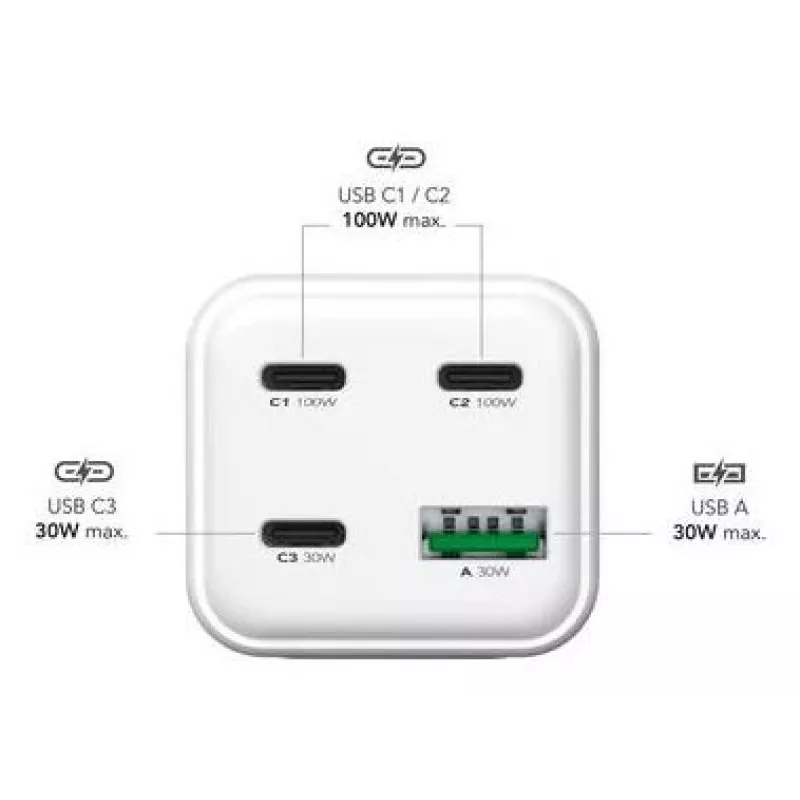 Caricabatterie da viaggio MediaRange MRMA124 100W AC, 3x USB-C, ingresso 100–240V, cavo 1,5 m, bianco
