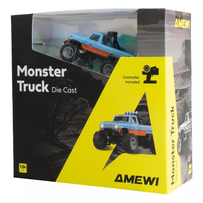Monster Truck radiocomandato Amewi DieCast 1:64 RTR, blu/arancione