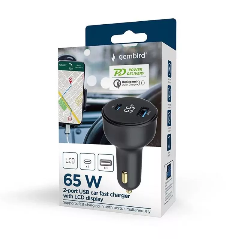 CARICABATTERIE DA AUTO USB 2PORT/TA-UC-AC2PD30LCD-CAR01 GEMBIRD