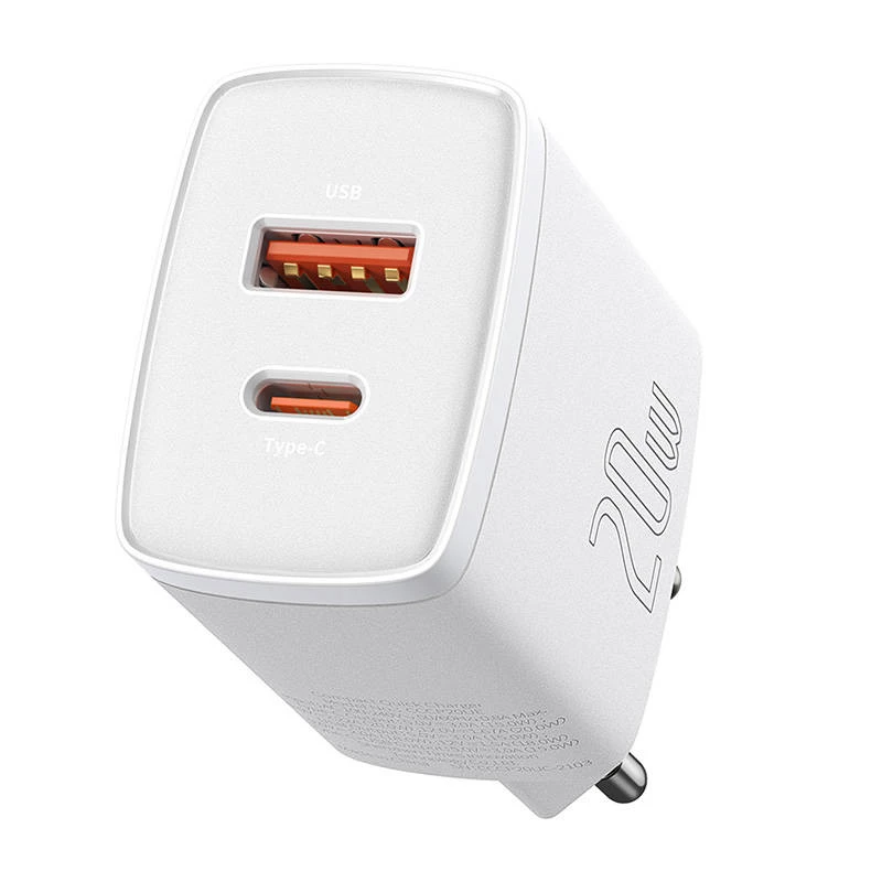Caricabatterie da parete Baseus Compact 1x USB-A + 1x USB-C 3A, adattatore da viaggio compatto