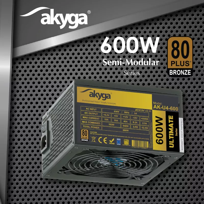 Akyga Ultimate AK-U4-600 alimentatore ATX 600 W, 80 PLUS Bronze, PFC attivo, ventola 120 mm