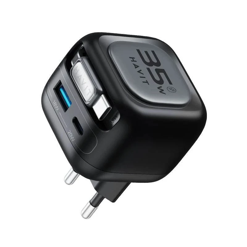 Havit UC250 A-EU caricabatterie da viaggio GaN con cavo estensibile, nero