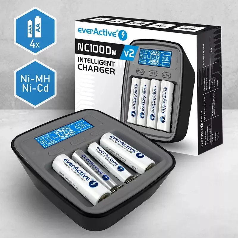 everActive NC-1000M V2 caricabatterie, Ni-MH, 4 slot AA/AAA, USB-C, nero