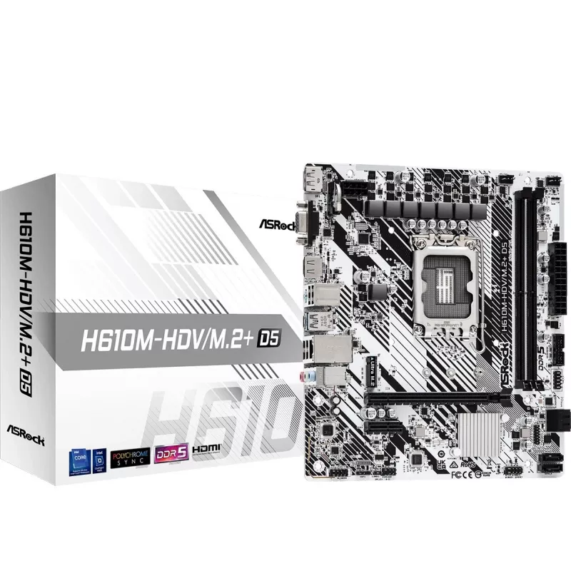 ASRock H610M-HDV/M.2+ D5 scheda madre, Intel H610, LGA 1700, Micro-ATX, 2x DDR5 DIMM (max 96 GB), PCIe 4.0 x16, 1x M.2, 4x SATA III, HDMI, DisplayPort, VGA, USB-C 3.2 Gen 1, Gigabit LAN