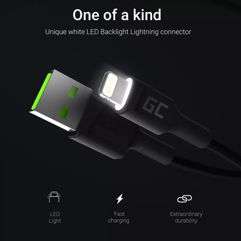 Cavo Lightning a USB-A Green Cell KABGC12, 2 m, Lightning – USB A, nero