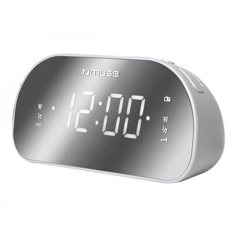 Radiosveglia Muse M-170CMR — radiosveglia digitale, display LED da 1,2 pollici, FM, AC 230V, backup AAA, specchio/bianco