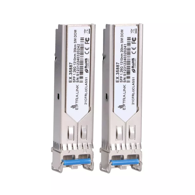 Extralink SFP 1.25G confezione da 2 moduli, 1.25Gbps, LC/UPC, 1310nm, 20km, monomodale, DOM