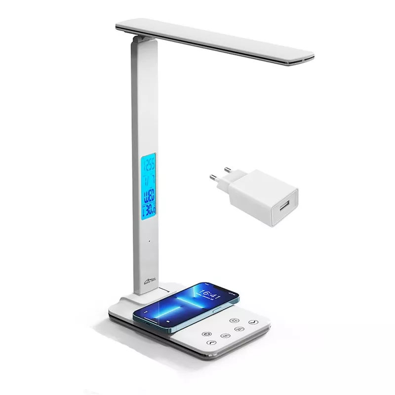 Media-Tech MT222 Leditou lampada da scrivania LED con caricatore wireless Qi da 15 W, orologio, sveglia, termometro, bianca