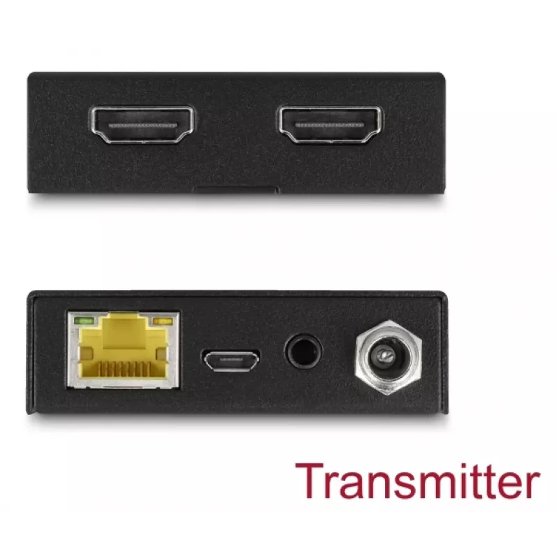 Set trasmettitore e ricevitore AV DELOCK 65955 — extender HDMI Cat6/Cat6a, fino a 3840×2160, con filo, alimentazione Micro-USB-B