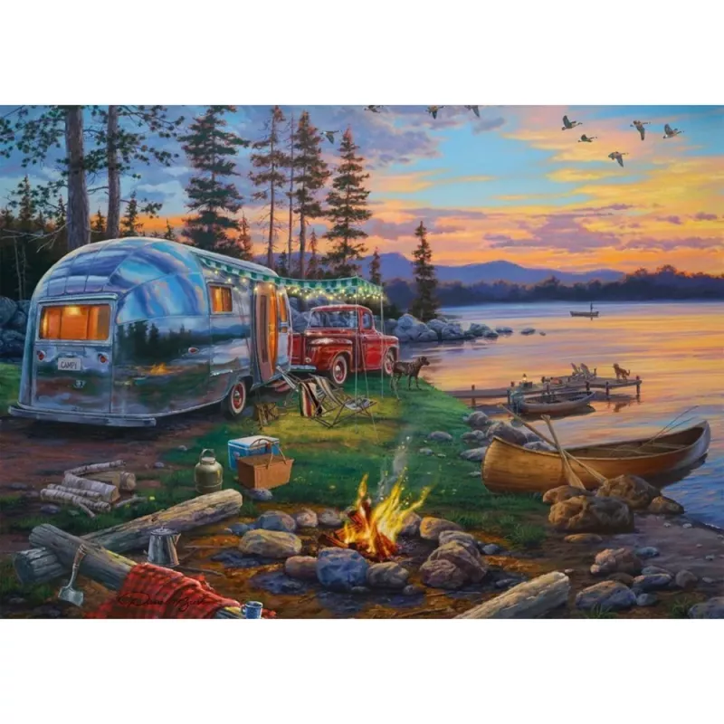 Puzzle schmidt spiele 58533 — 1000 pezzi, 'Camping-Idyll am See' illustrazione paesaggistica