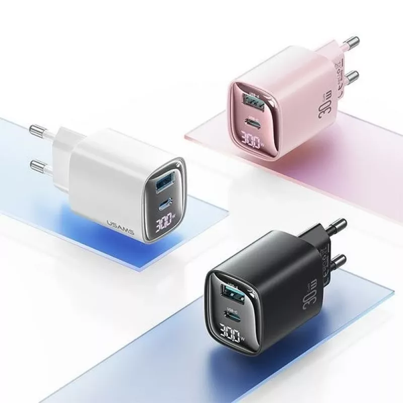 Caricabatterie rapido GaN USB e USB-C 30W usams CC229 bianco — indicatore LED, design compatto