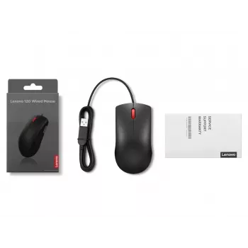 Mouse USB-A con filo Lenovo 120 — nero, ambidestro, 1600 DPI, 3 tasti, cavo 1,5 m