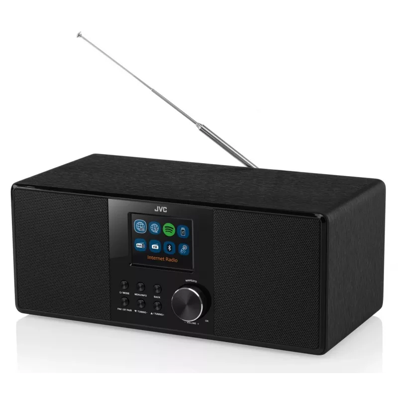 Radio internet JVC RA-E981B — streaming Wi‑Fi e Bluetooth, DAB+, FM, 2x5W, 40 stazioni memorizzabili, USB, AUX, display LCD