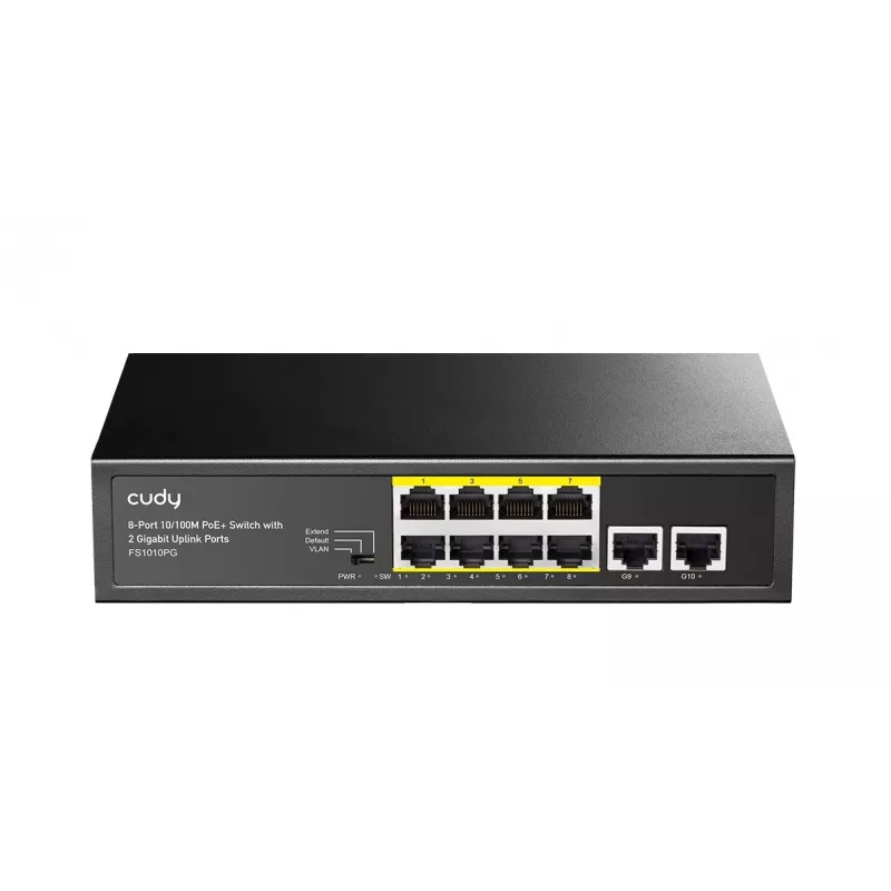 Switch di rete Cudy FS1010PG — 10/100 Mbps, 8 porte PoE, 2 uplink, budget PoE 120W, case in metallo