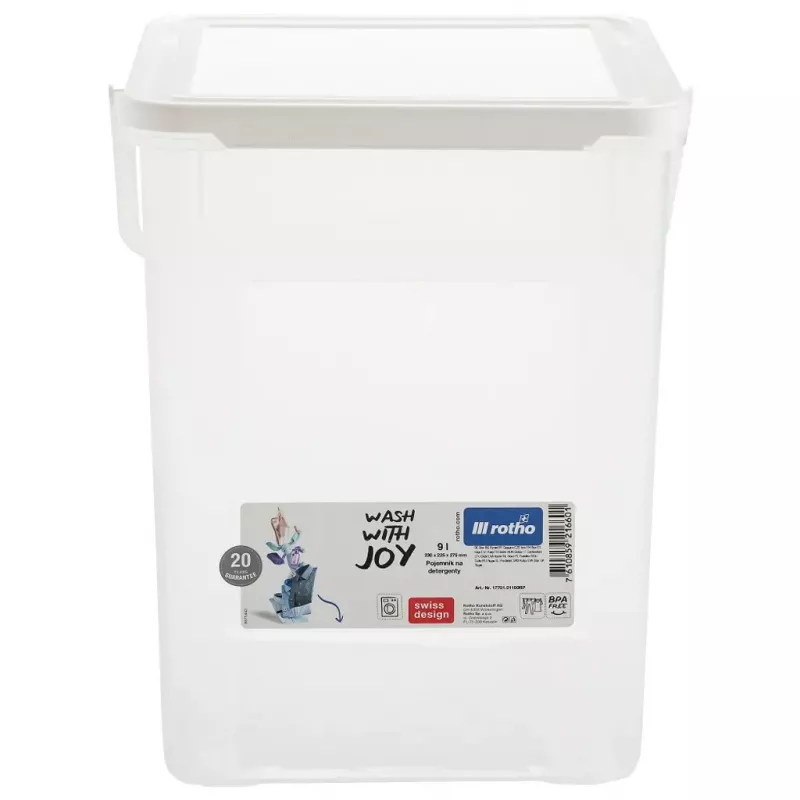 Contenitore per detersivo in plastica Rotho Basic 9 L modello 1770101100RP, bianco, coperchio, foro per appendere