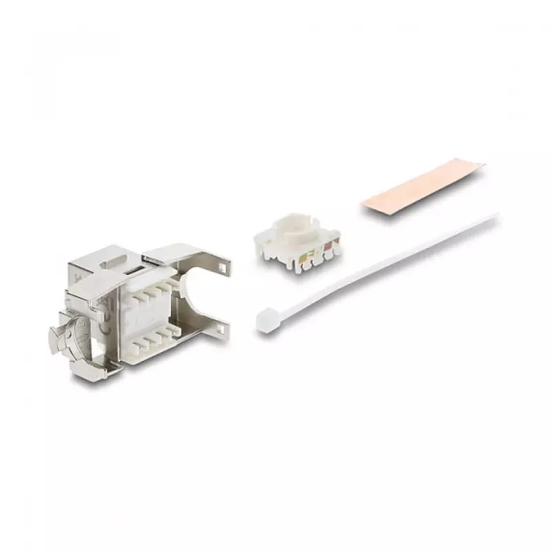 Modulo Keystone DELOCK RJ45 su LSA Cat.6A schermato senza attrezzi, piatto, argento/bianco, con tappo parapolvere