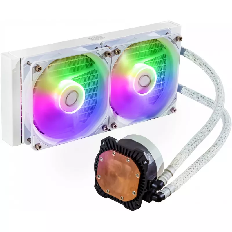 Kit raffreddamento a liquido Cooler Master MasterLiquid 240L Core ARGB bianco — radiatore 240 mm, ventola 120 mm, supporta LGA1700/AM5/AM4 e socket precedenti