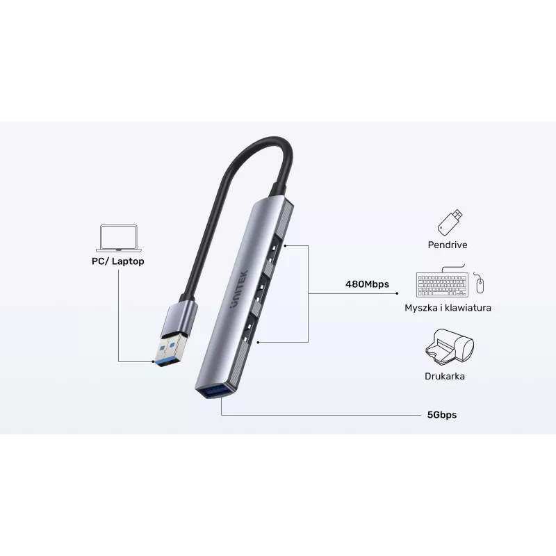 Unitek H1208A hub USB-A, 4 porte (1x USB-A 5 Gbps, 3x USB-A 2.0), alluminio, argento