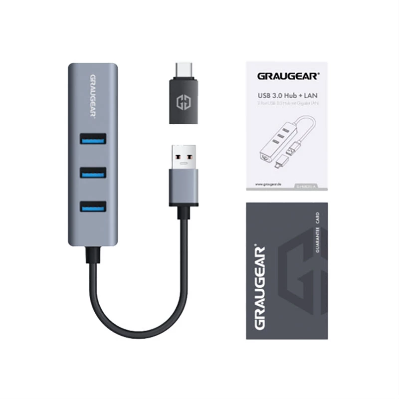 Hub USB GRAUGEAR G-HUB31L-A — host USB 3.2 Gen 1 Type-A, 3 porte USB 3.2 Gen 1 Type-A + RJ-45, 5000 Mbit/s