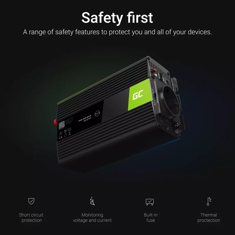 Inverter Green Cell INV03DE, 12V a 230V, 500 W, 50 Hz, uscita 30 A, nero