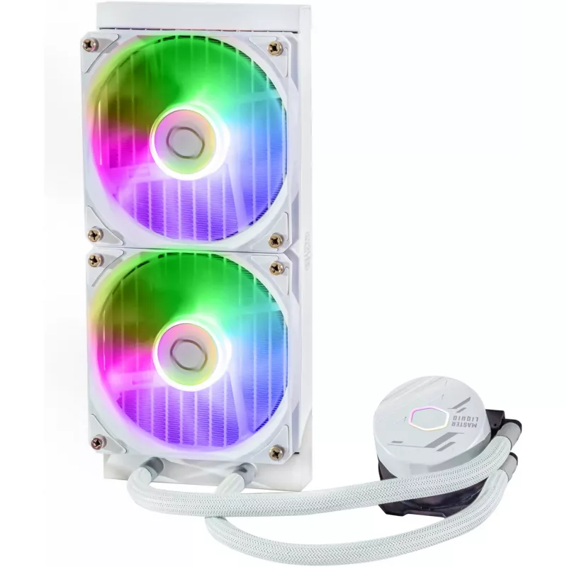 Kit raffreddamento a liquido Cooler Master MasterLiquid 240L Core ARGB bianco — radiatore 240 mm, ventola 120 mm, supporta LGA1700/AM5/AM4 e socket precedenti