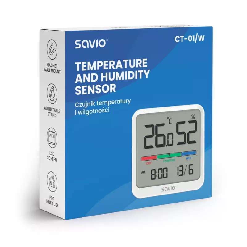 Sensore di temperatura e umidità per interni SAVIO CT-01/W, display LCD, -10–55 °C, 10–99 % rH, batteria CR2032