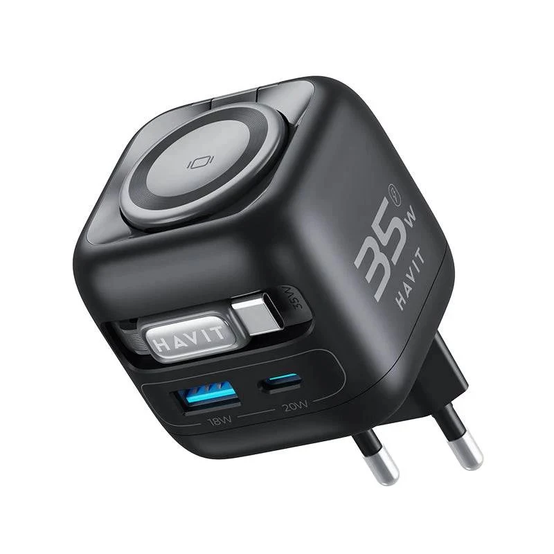 Havit UC250 A-EU caricabatterie da viaggio GaN con cavo estensibile, nero
