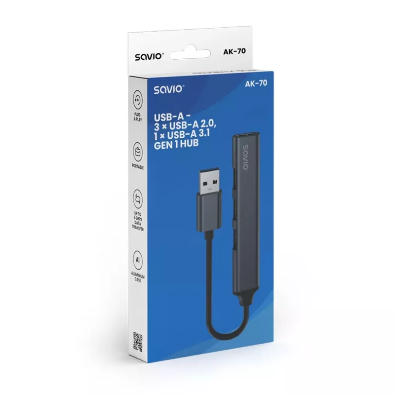 Savio AK-70 hub USB-A, 4 in 1: 3 x USB-A 2.0 + 1 x USB-A 3.1 Gen 1, 5 Gbps
