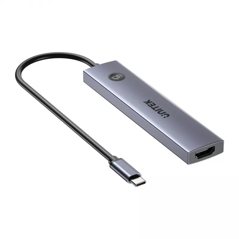 Hub USB-C Unitek H1124AGY01 con 100W PD, HDMI 2.0, 2x USB‑A, 2x USB‑C, lettore schede SD/microSD — alluminio