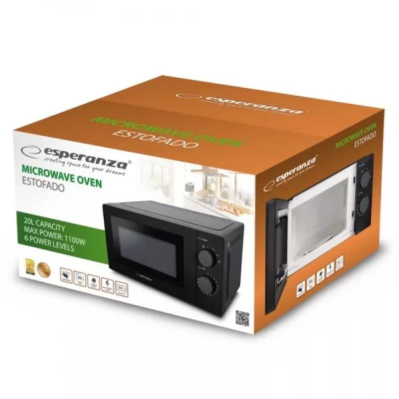 Esperanza ESTOFADO EKO011K forno a microonde solo, da appoggio, 20 l, 700 W, 5 livelli di potenza, piatto girevole da 24,5 cm, nero