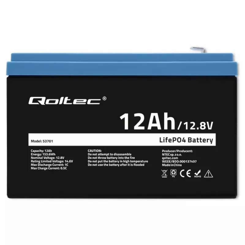 Batteria ricaricabile Qoltec LiFePO4 litio ferro fosfato 12,8 V 12 Ah 153,6 Wh con BMS