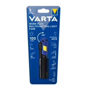 Lampada da lavoro portatile Varta Work Flex nero LED, 100 lm, batteria integrata, 6 h, alluminio/nylon/PC/gomma, 120 mm