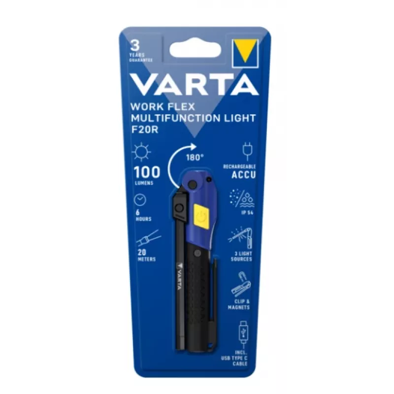 Lampada da lavoro portatile Varta Work Flex nero LED, 100 lm, batteria integrata, 6 h, alluminio/nylon/PC/gomma, 120 mm