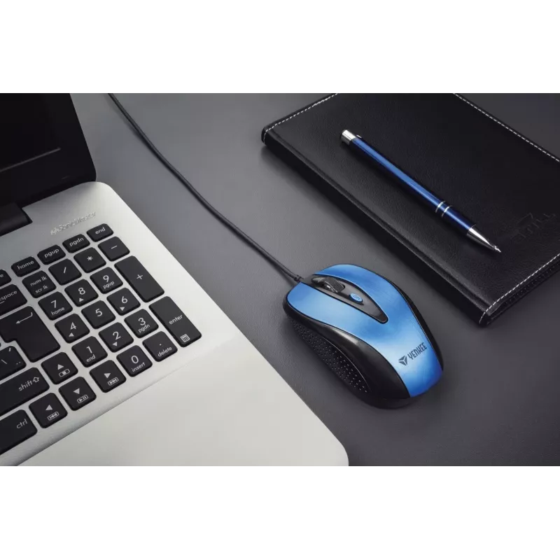 Mouse USB con cavo, 4 tasti, ottico, simmetrico, blu