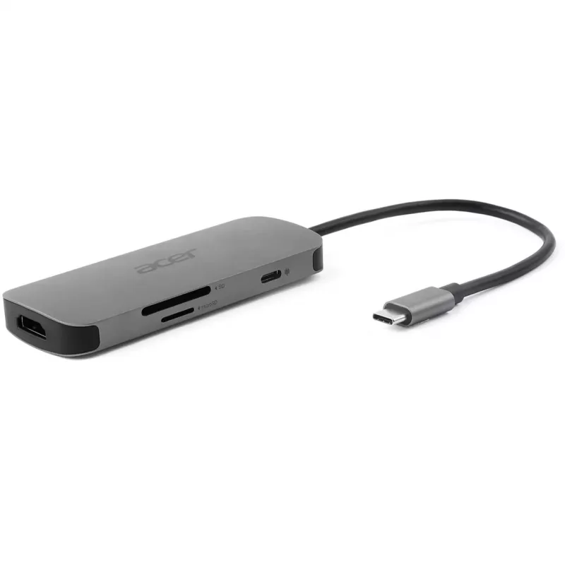 Dongle USB-C 7-in-1 Acer — USB 3.2 Gen 1 Type-C, 3x USB-A, HDMI, SD/MicroSD, 100W PD, argento