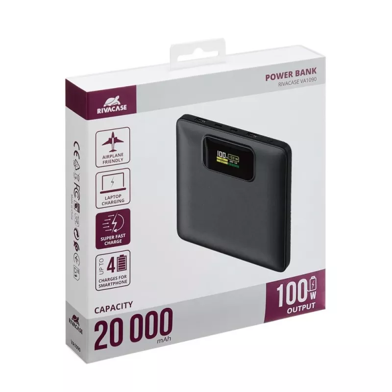 Powerbank Rivacase VA1090 — 20000 mAh, 77 Wh, uscita totale 100 W, 440 g