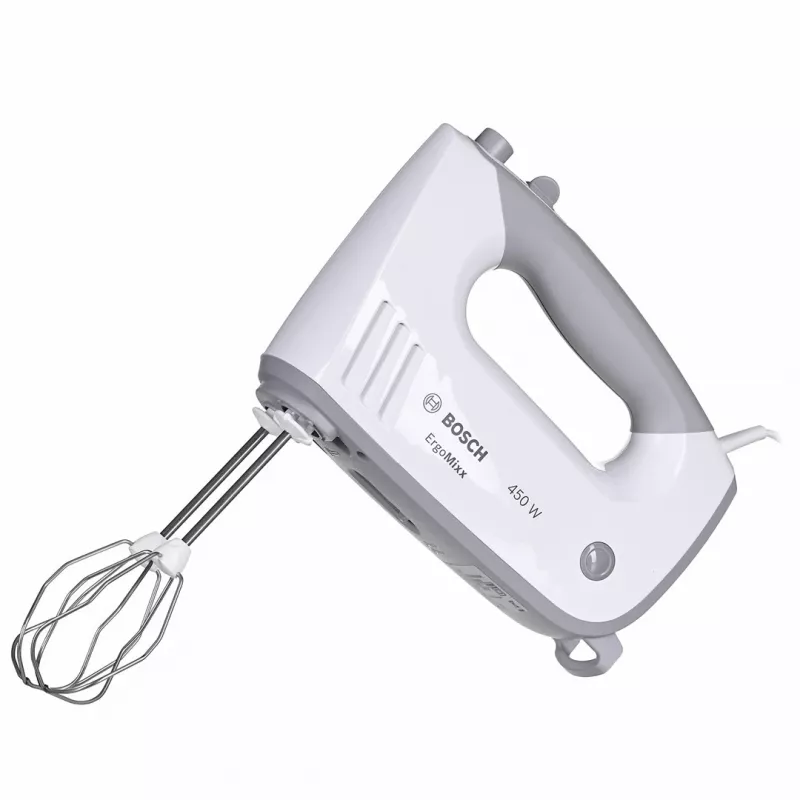 Frullatore a mano Bosch MFQ36480 – 450 W, 5 velocità con turbo, grigio/bianco, fruste e ganci per impastare