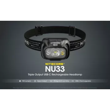Torcia frontale Nitecore NU33, nero, 3 LED, 700 lm, alluminio, ricaricabile USB, IP66