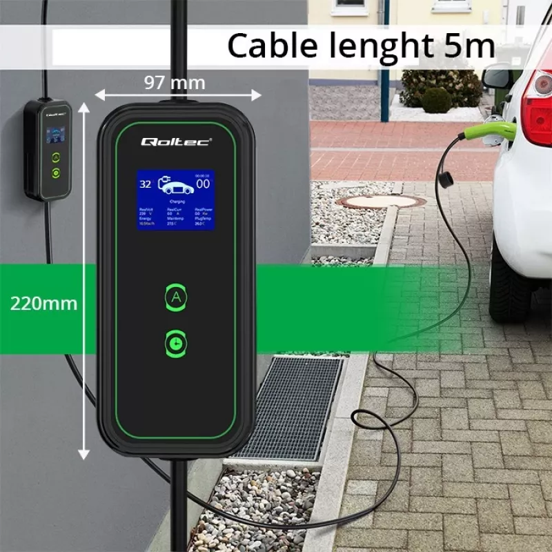 Caricabatterie mobile EV Qoltec regolabile 2in1 Type2 | 7kW | 230V | CEE 3 PIN | Wi-Fi | LCD | portatile | wallbox | 5m