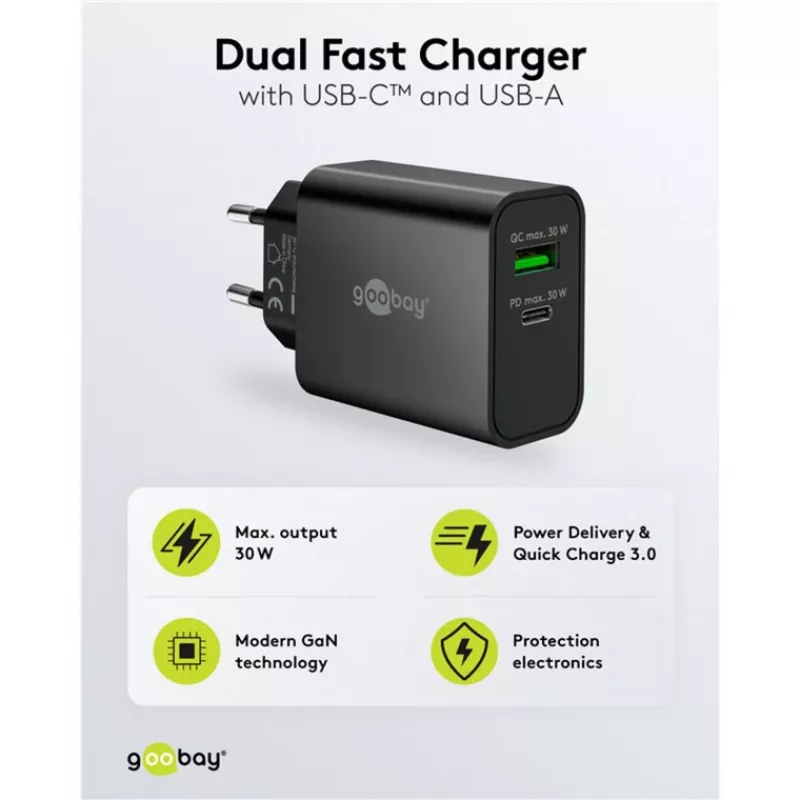 Caricabatterie rapido doppio Goobay USB-C PD GaN 30 W nero (75335)
