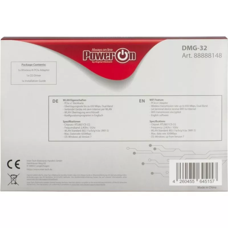 Inter-Tech DMG-32 - integrato - senza fili - PCI Express - Wi-Fi - 650 Mbit/s - nero - argento (88888148)