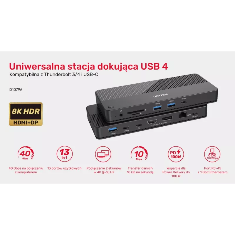 Docking station UNITEK D1079A USB4 con filo nero 100W Power Delivery