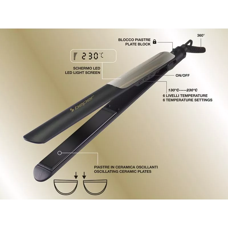 Beper P301PIS200 piastra per capelli, piastre in ceramica, 130-230°C, 6 impostazioni di temperatura, nero/grigio