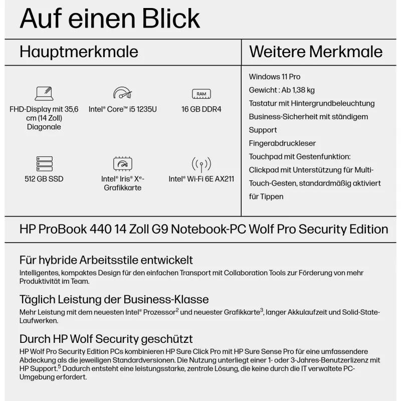 Notebook HP ProBook 440 G9 da 14 pollici, Intel Core i5-1235U, 16 GB, SSD da 512 GB, Windows 11 Pro