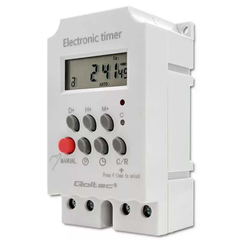 Timer elettronico per guida DIN QOLTEC PC0629 — alimentazione 24V, uscita 16A