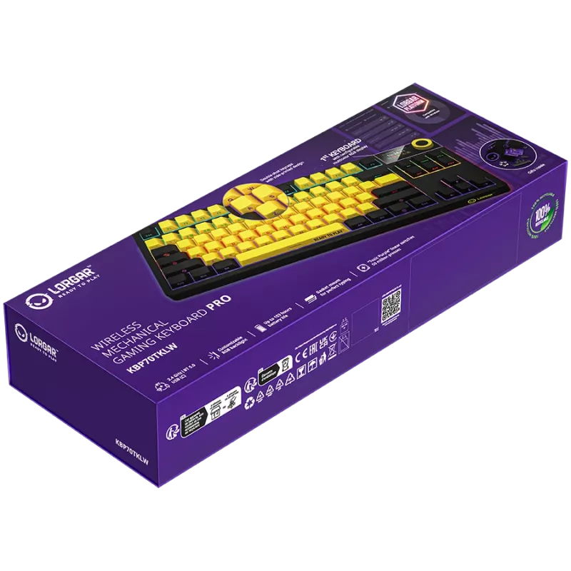 LORGAR KBP70TKLW, tastiera gaming meccanica TKL wireless Pro, nero/giallo, layout EN