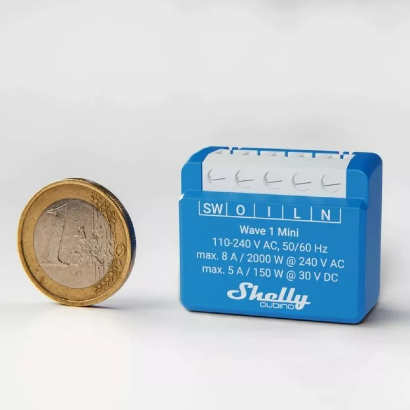 Relè smart Shelly Qubino Wave 1 Mini wireless 110–240V, 8A AC / 5A DC, 868,4 MHz, per interni, blu