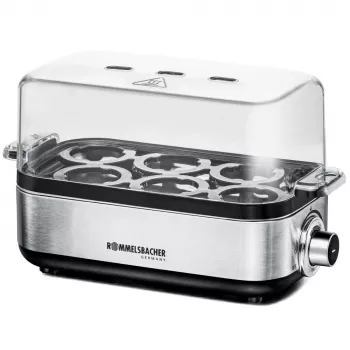 Cuociuova Rommelsbacher ER 600 — cuociuova elettrico, capacità 6 uova, 400 W, acciaio inox, coperchio trasparente