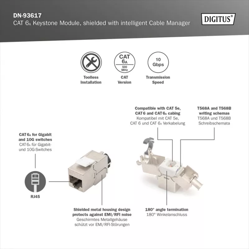 Modulo Keystone Digitus CAT 6A, schermato, con gestione cavi intelligente