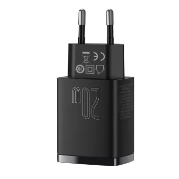 Caricabatterie rapido USB da interno Baseus CCXJ-B01 – 2 porte (USB-C PD 20W + USB-A QC3.0 18W), 100–240 V, nero